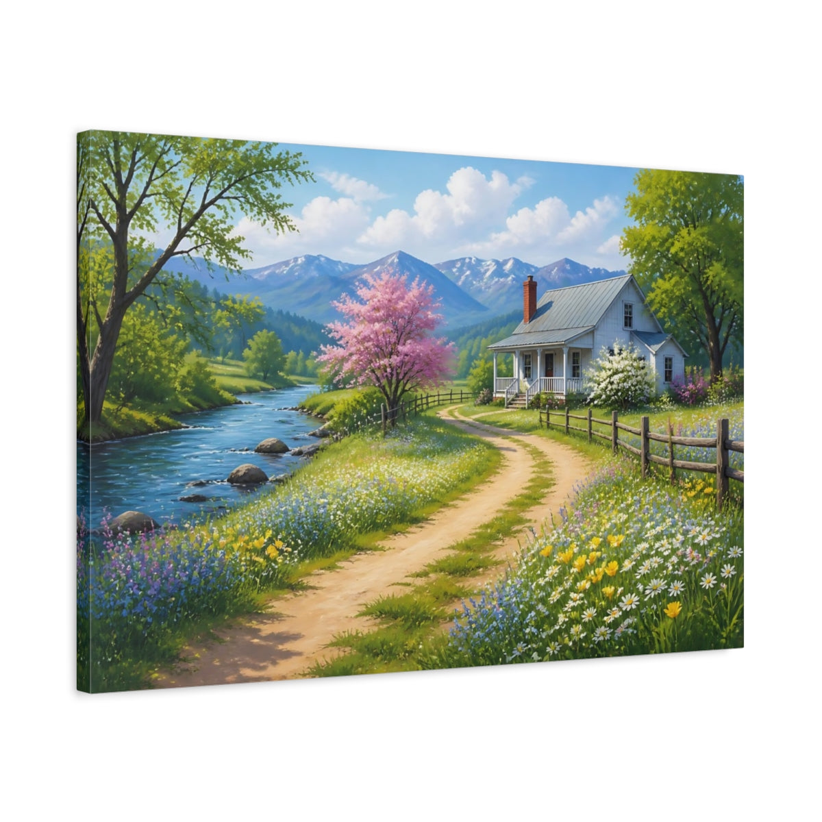 Side Mockup 2. Nature Country House Spring Landscape shown as stretched canvas wall art