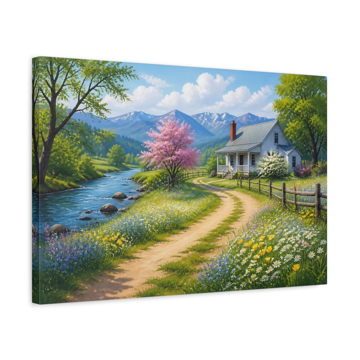 Side Mockup 3. Nature Country House Spring Landscape shown as stretched canvas wall art