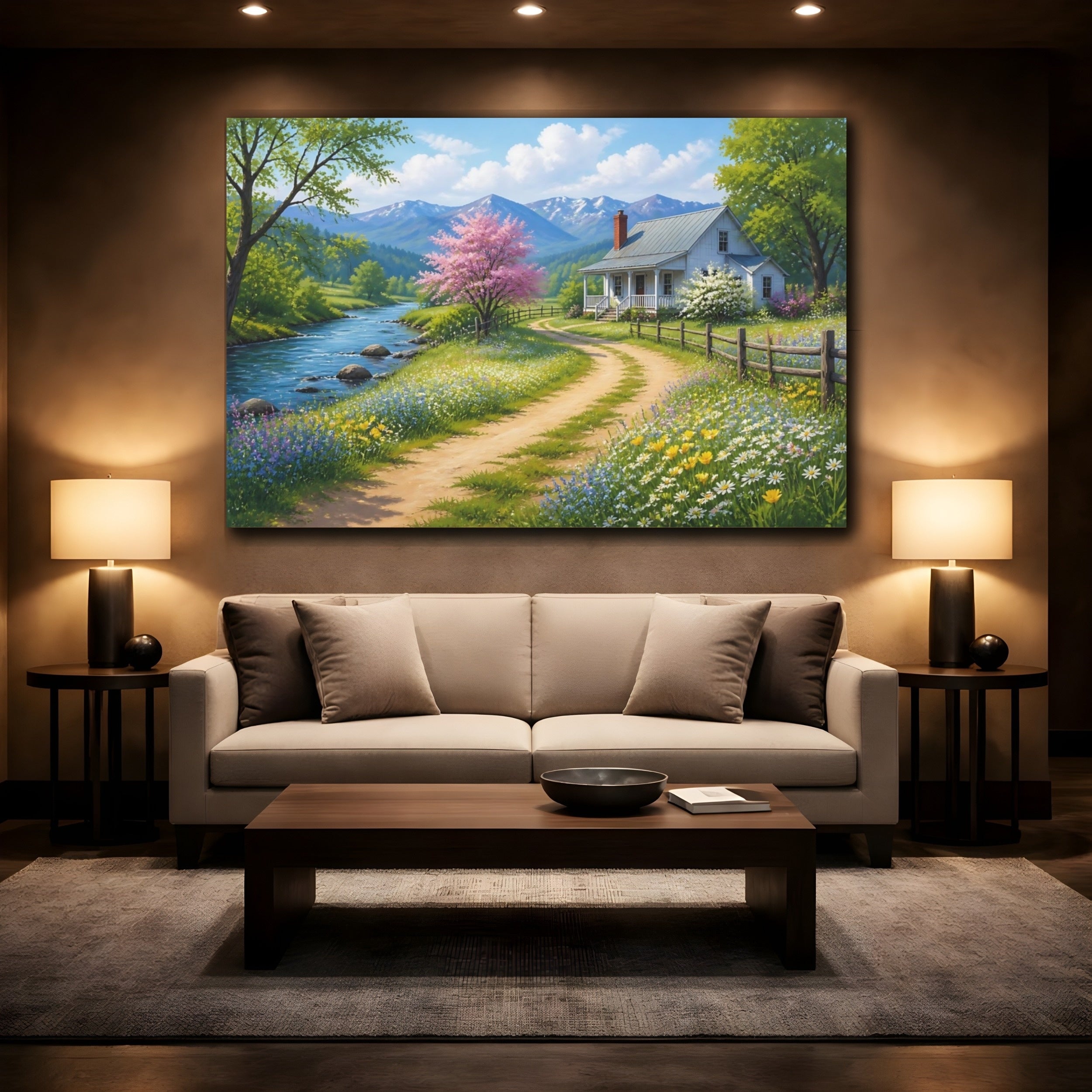 Mockup 2. Nature Country House Spring Landscape shown as stretched canvas wall art