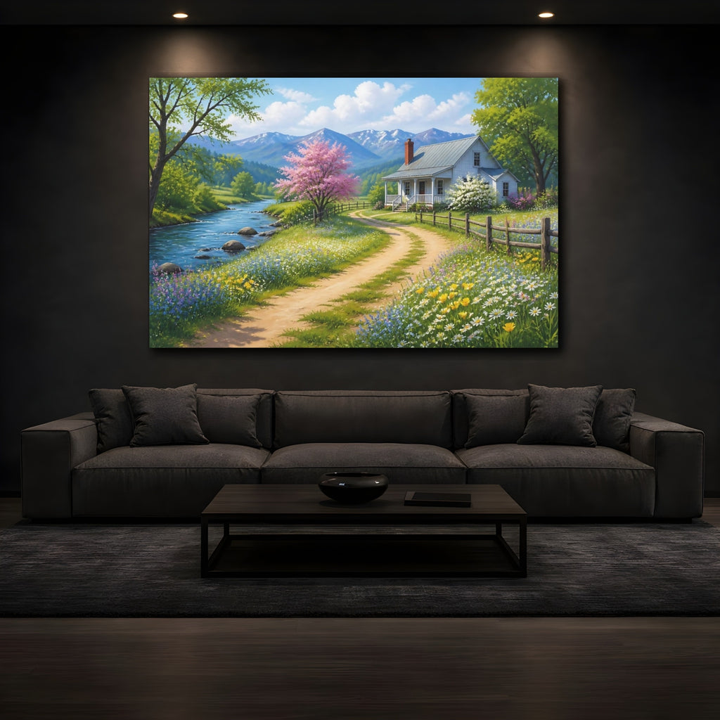 Mockup 3. Nature Country House Spring Landscape shown as stretched canvas wall art