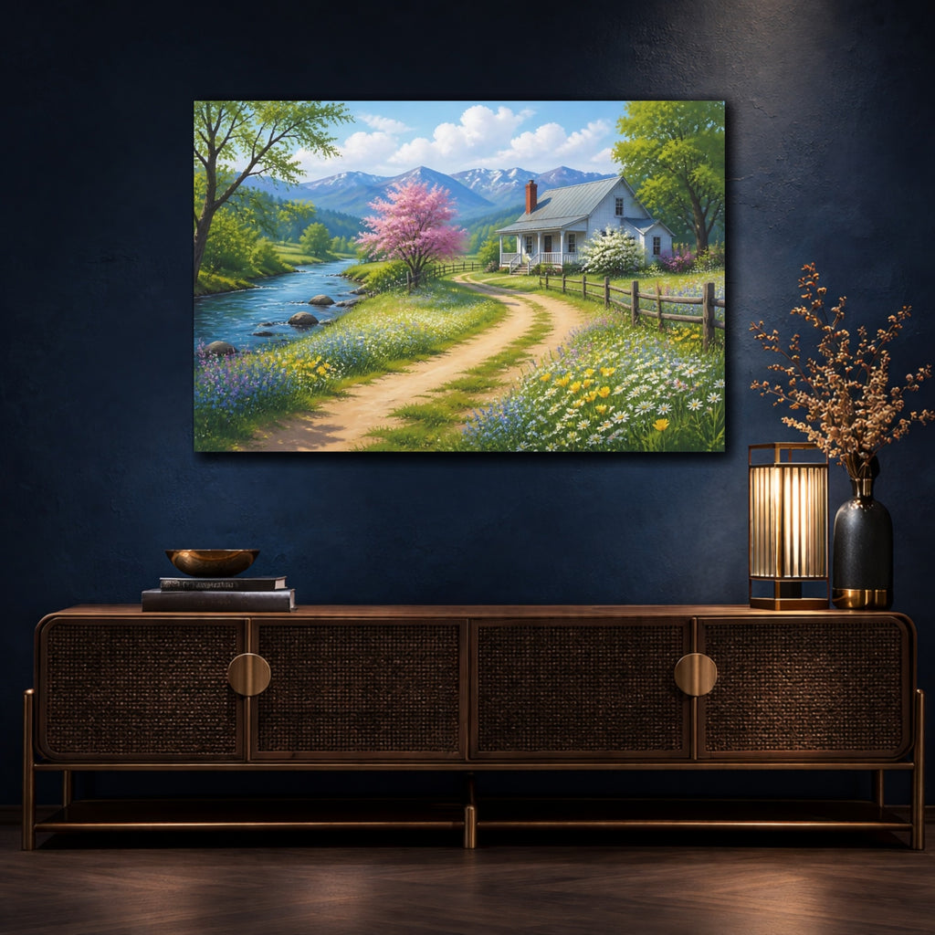 Mockup 4. Nature Country House Spring Landscape shown as stretched canvas wall art