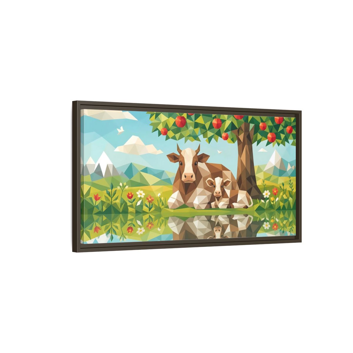 Main Mockup. Nature Cow And Calf Geometric Cows shown as stretched canvas wall art