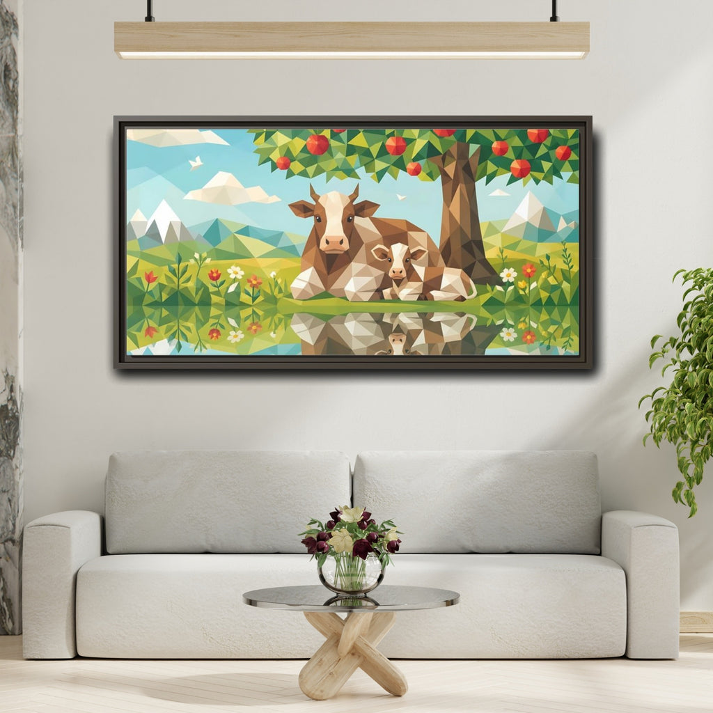 Mockup 2. Nature Cow And Calf Geometric Cows shown as stretched canvas wall art