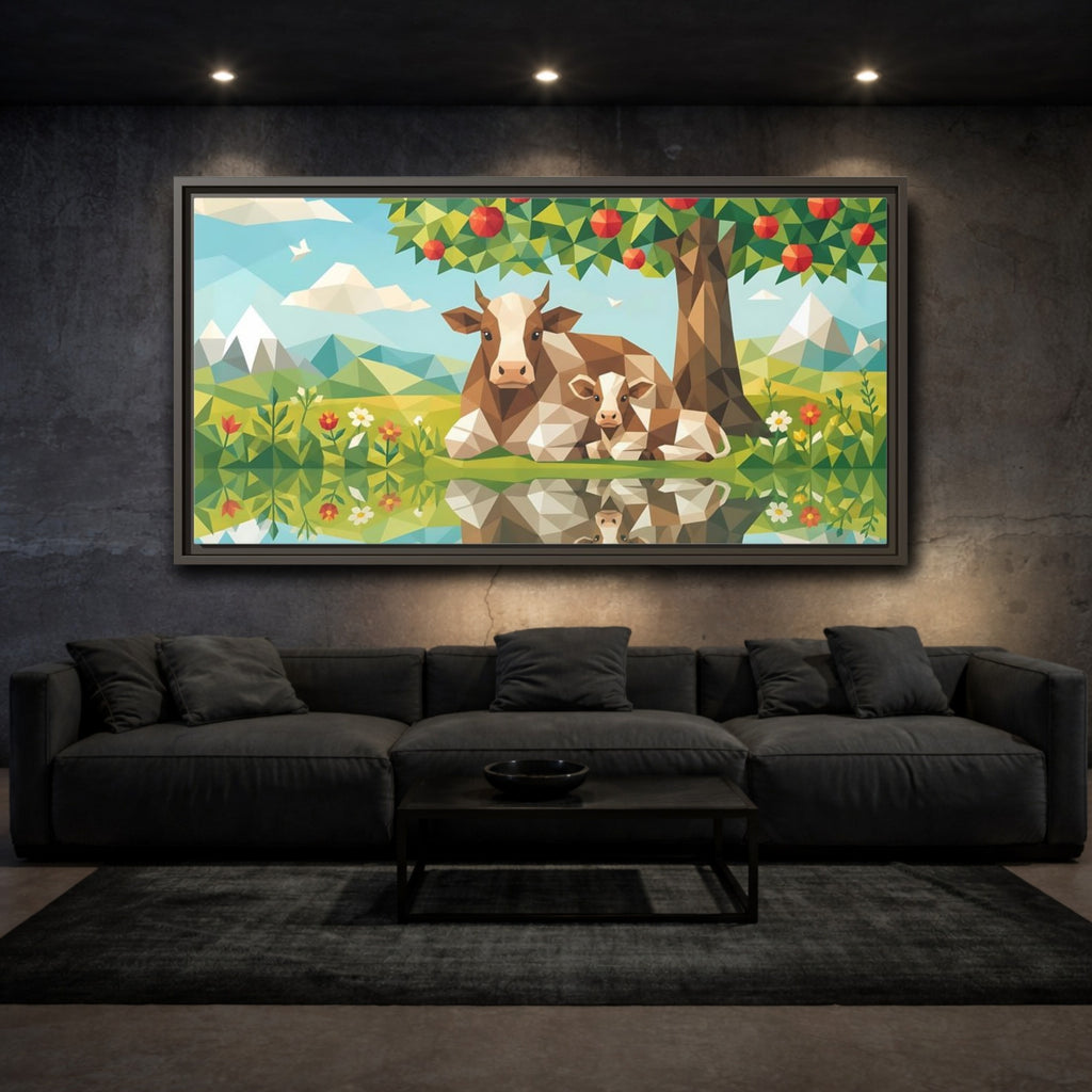 Mockup 3. Nature Cow And Calf Geometric Cows shown as stretched canvas wall art