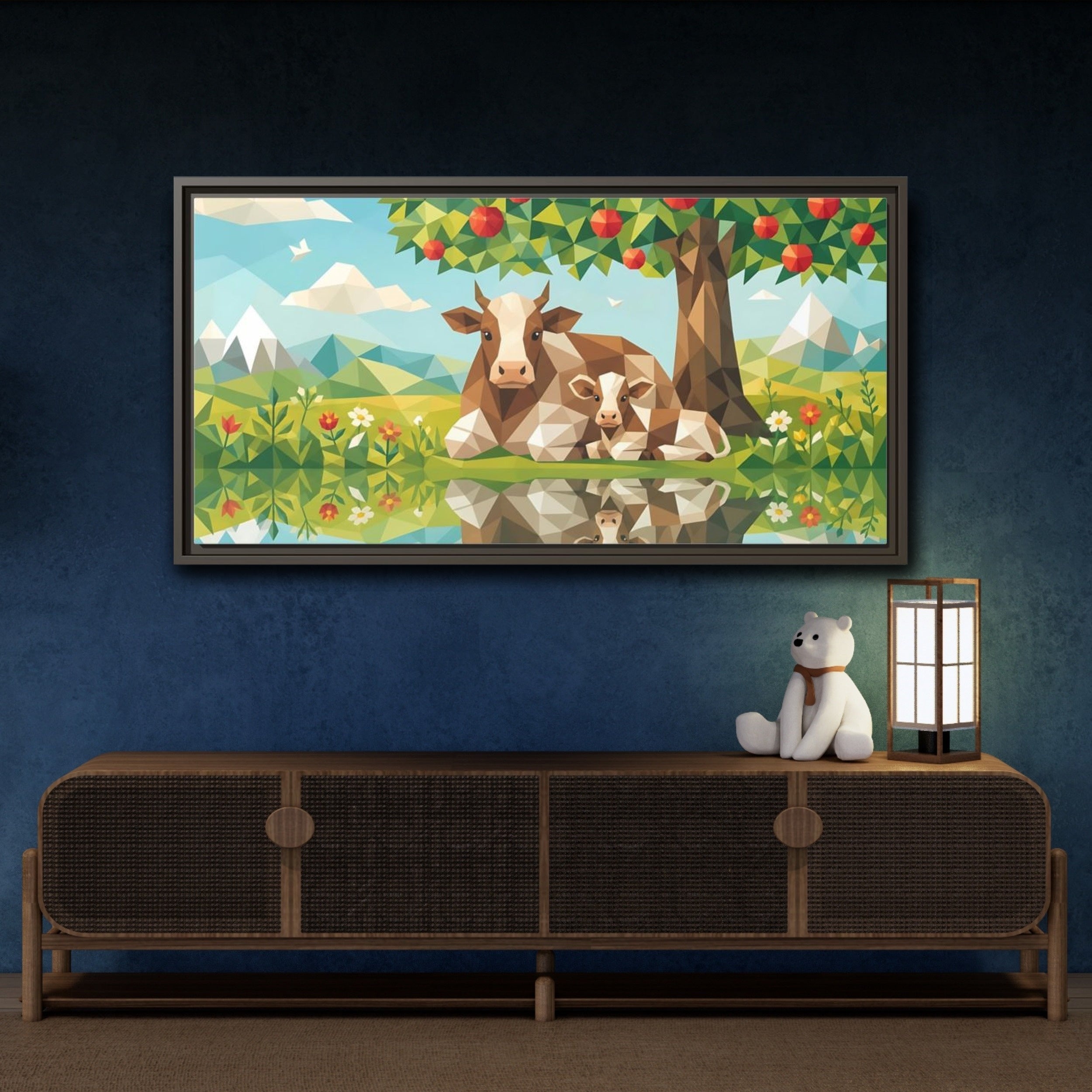 Mockup 4. Nature Cow And Calf Geometric Cows shown as stretched canvas wall art
