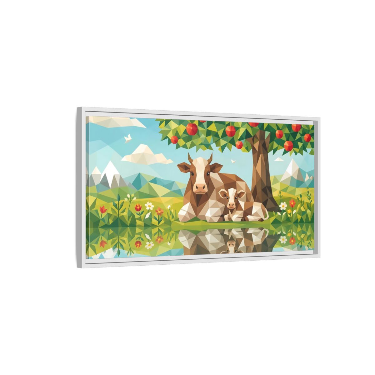 Side Mockup 1. Nature Cow And Calf Geometric Cows shown as stretched canvas wall art