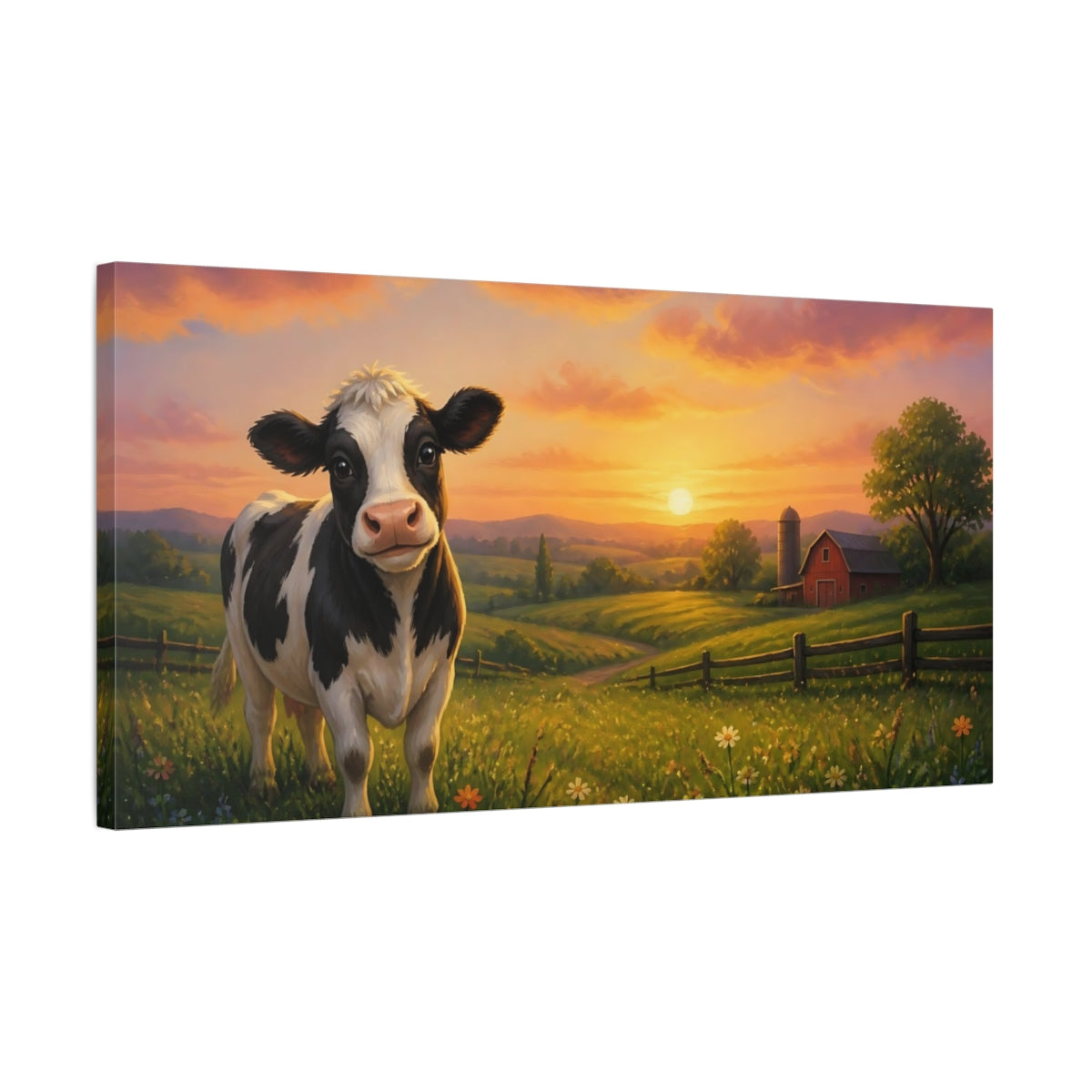 Side Mockup 1. Nature Cow Farm Sunset shown as stretched canvas wall art