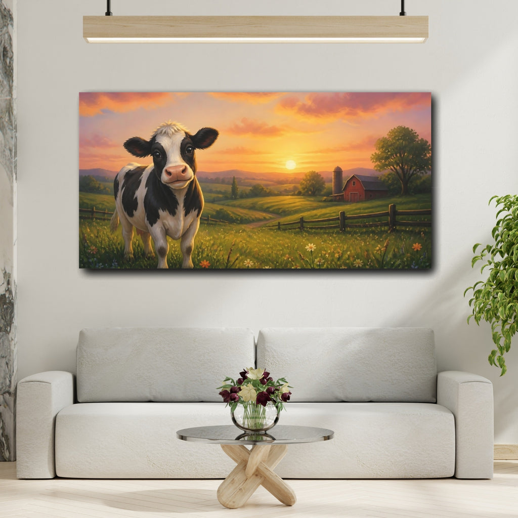 Mockup 2. Nature Cow Farm Sunset shown as stretched canvas wall art