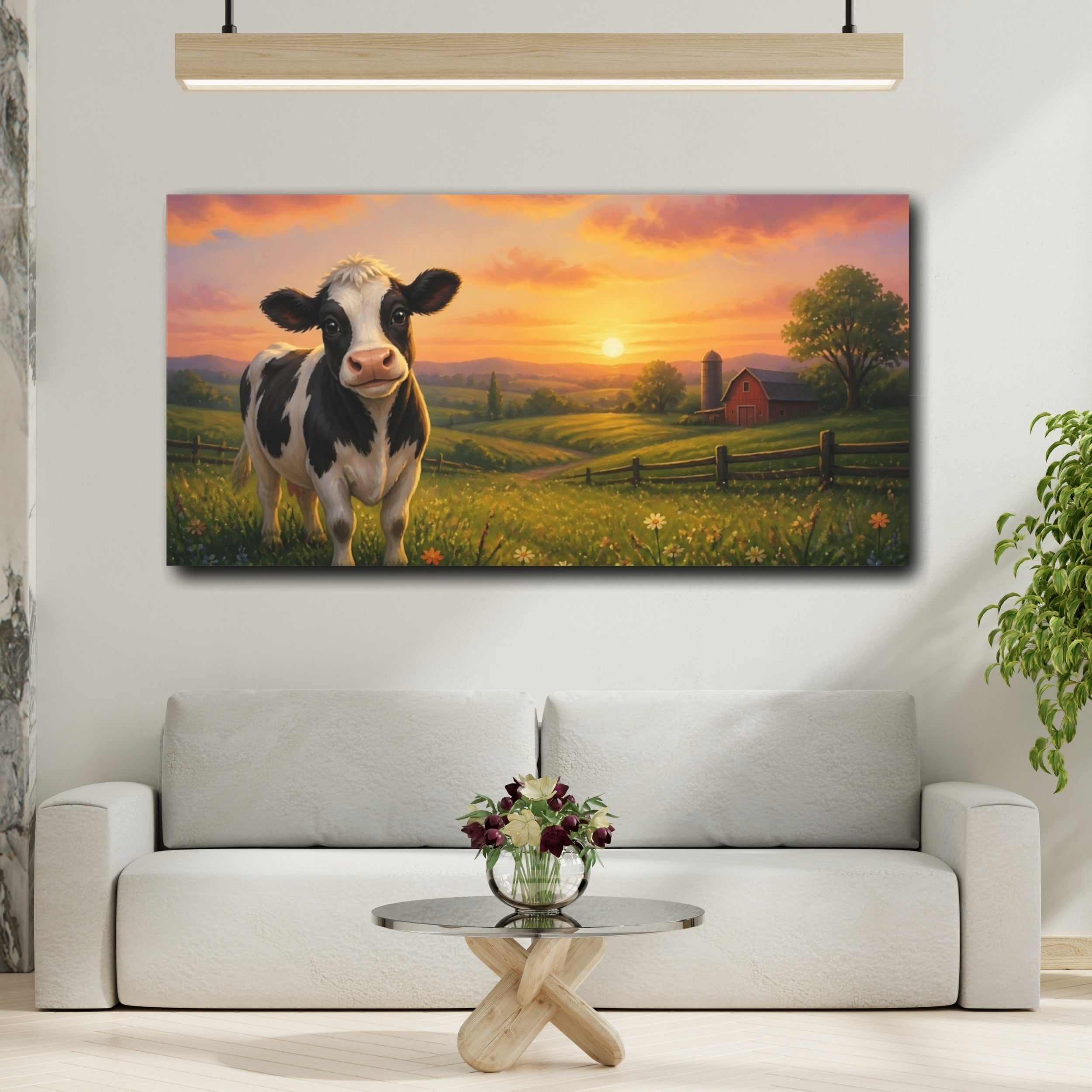 Mockup 2. Nature Cow Farm Sunset shown as stretched canvas wall art