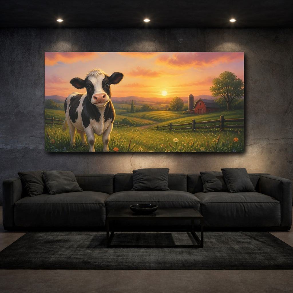 Mockup 3. Nature Cow Farm Sunset shown as stretched canvas wall art