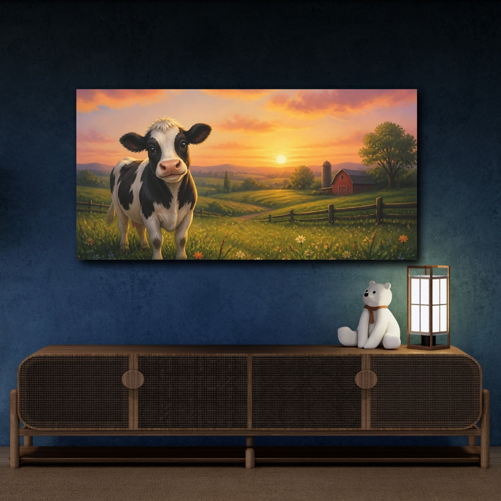 Mockup 4. Nature Cow Farm Sunset shown as stretched canvas wall art