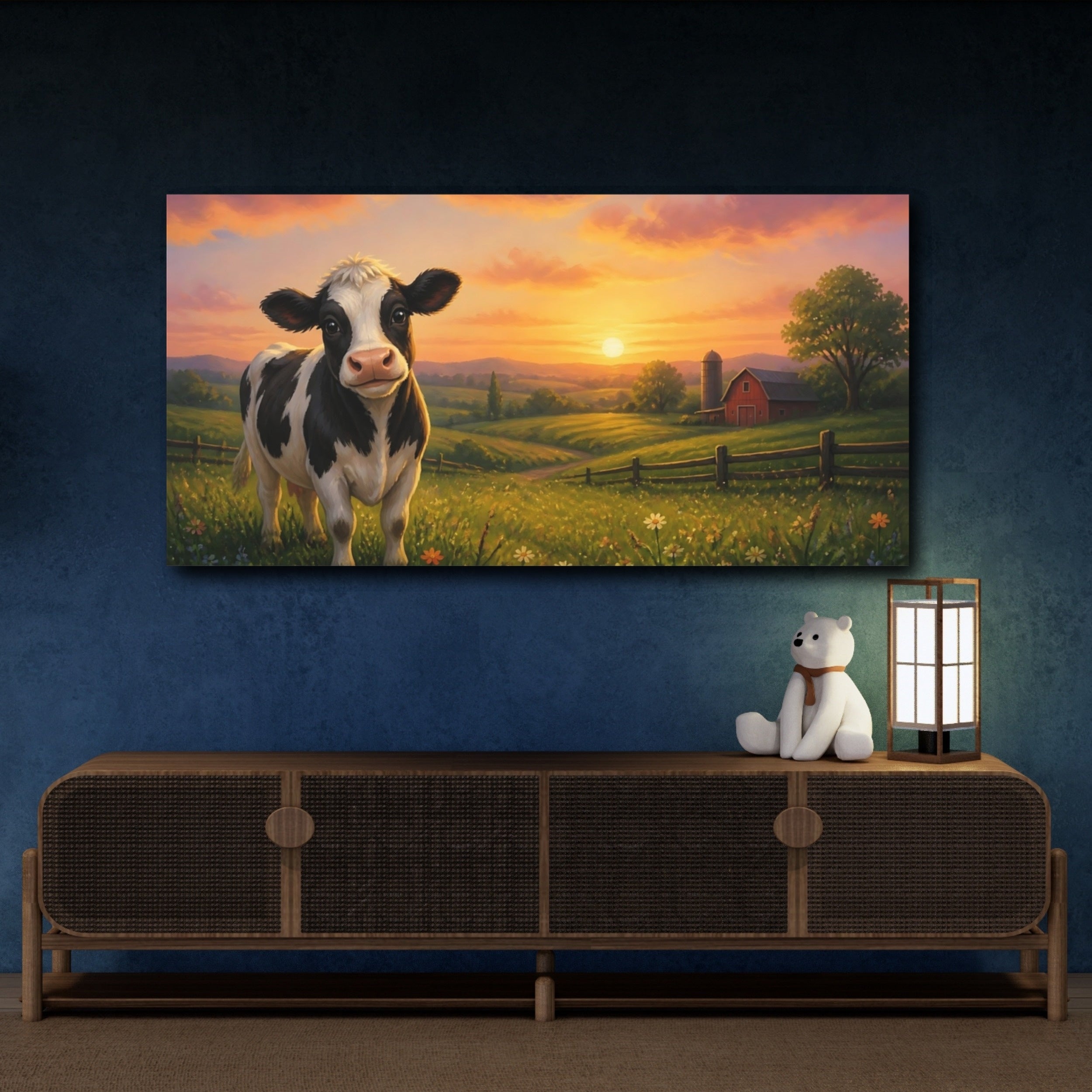Mockup 4. Nature Cow Farm Sunset shown as stretched canvas wall art