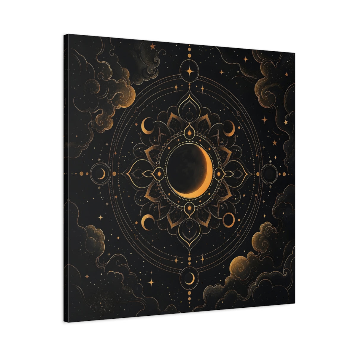 Main Mockup. Nature Crescent Moon Black And Gold shown as stretched canvas wall art
