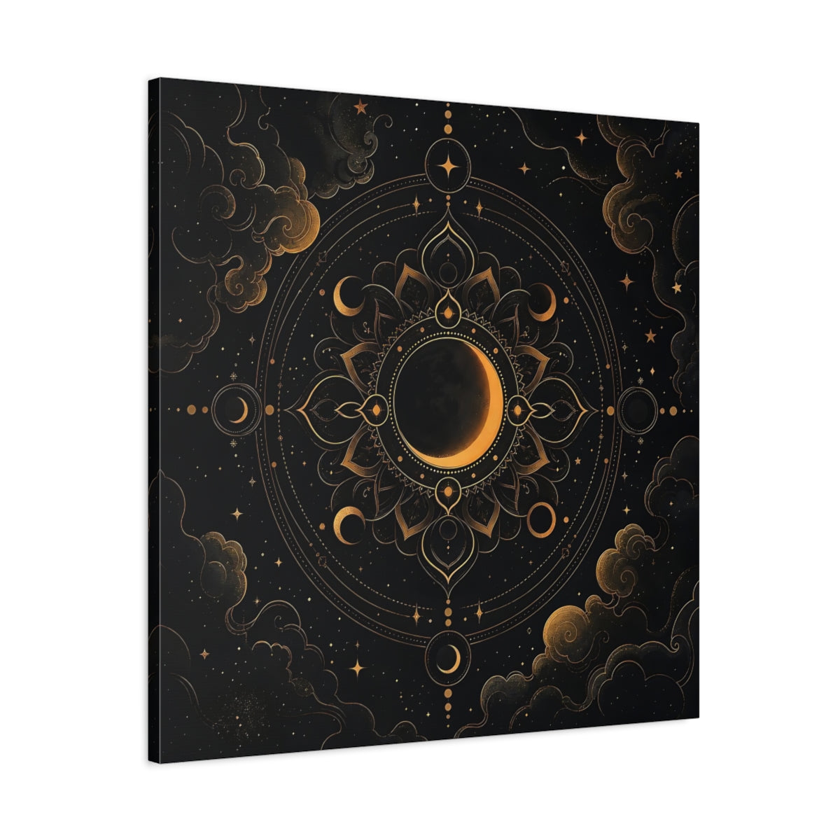 Side Mockup 3. Nature Crescent Moon Black And Gold shown as stretched canvas wall art