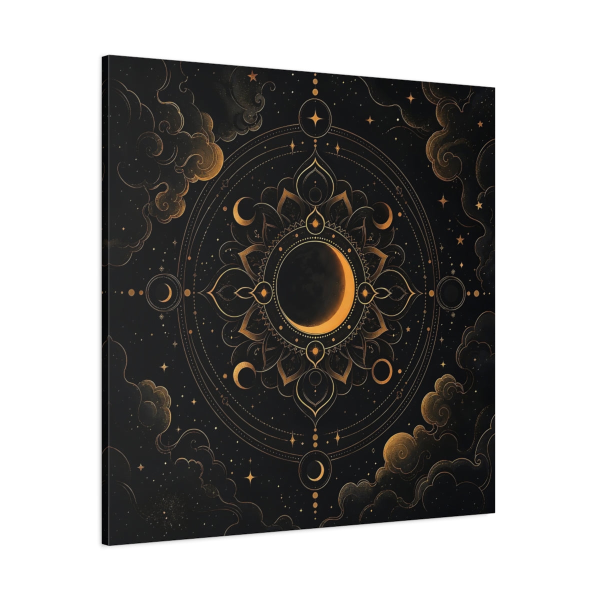 Side Mockup 1. Nature Crescent Moon Black And Gold shown as stretched canvas wall art