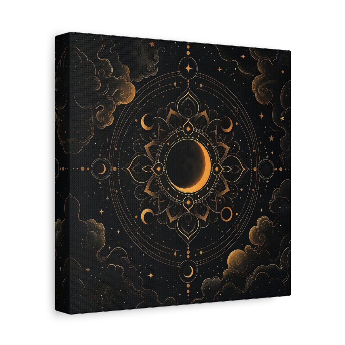 Side Mockup 9. Nature Crescent Moon Black And Gold shown as stretched canvas wall art