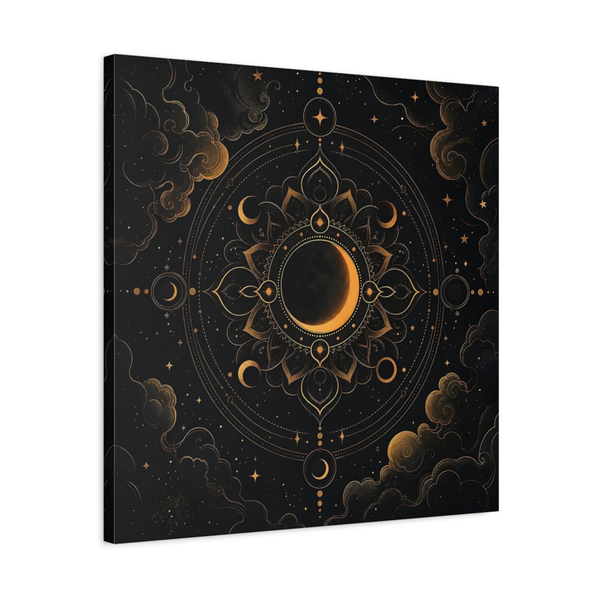 Side Mockup 4. Nature Crescent Moon Black And Gold shown as stretched canvas wall art