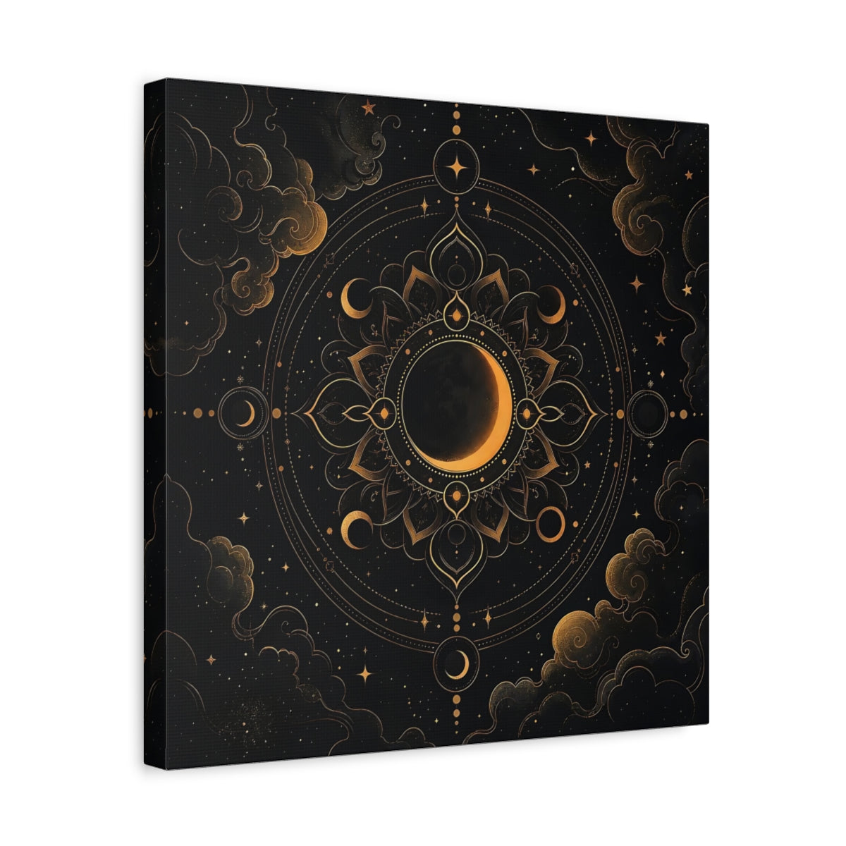 Side Mockup 6. Nature Crescent Moon Black And Gold shown as stretched canvas wall art