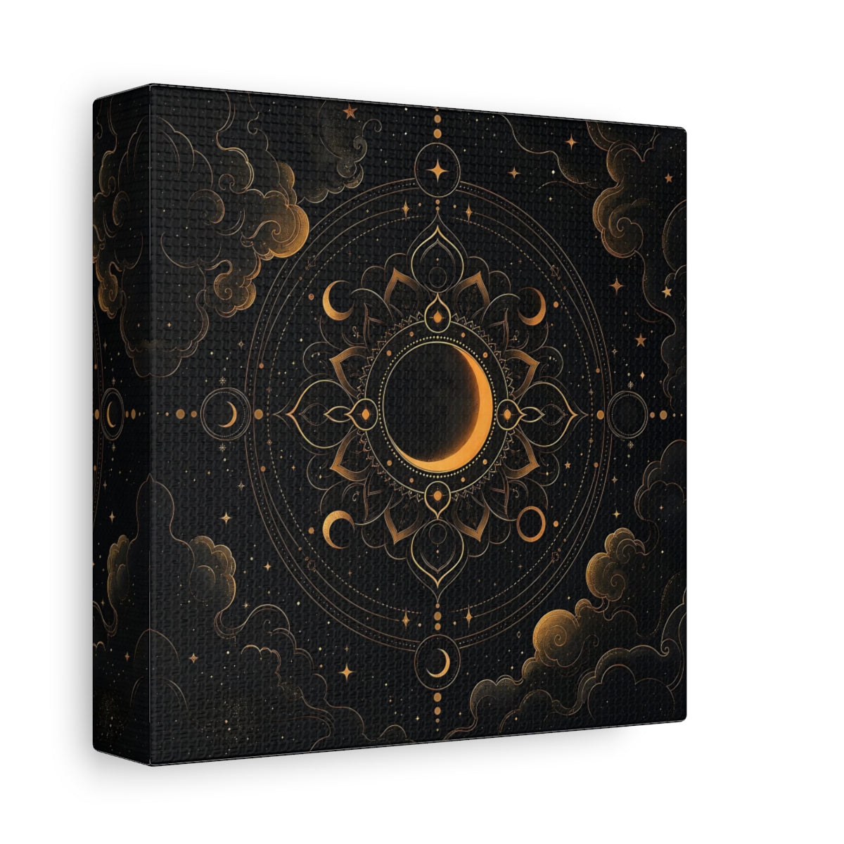 Side Mockup 2. Nature Crescent Moon Black And Gold shown as stretched canvas wall art