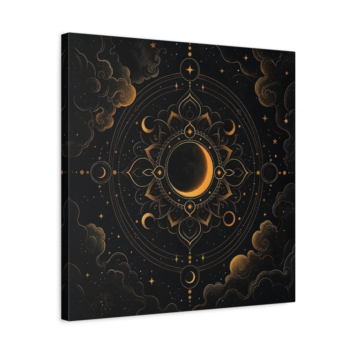 Side Mockup 5. Nature Crescent Moon Black And Gold shown as stretched canvas wall art