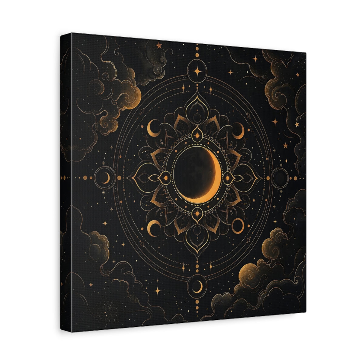 Side Mockup 7. Nature Crescent Moon Black And Gold shown as stretched canvas wall art