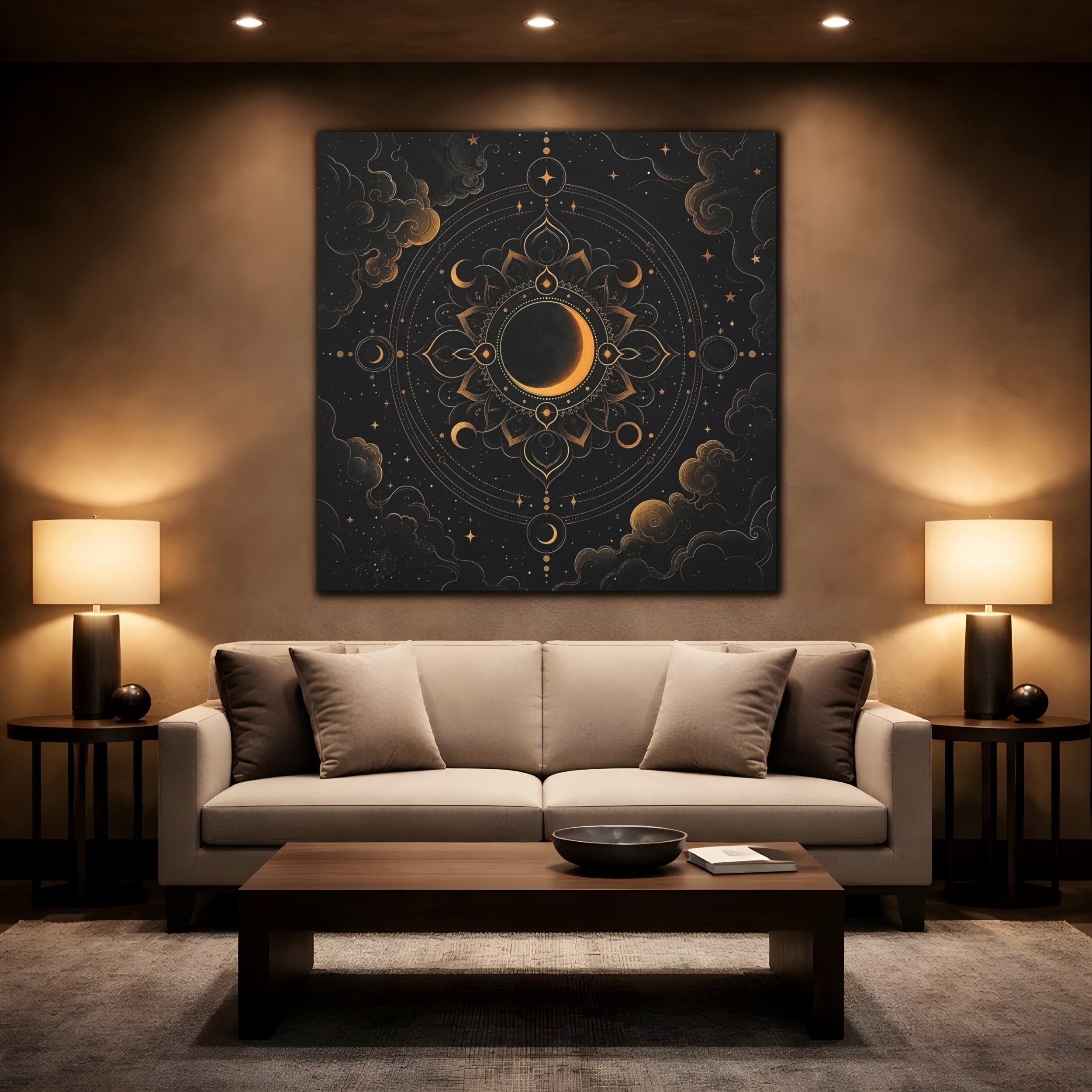 Mockup 2. Nature Crescent Moon Black And Gold shown as stretched canvas wall art