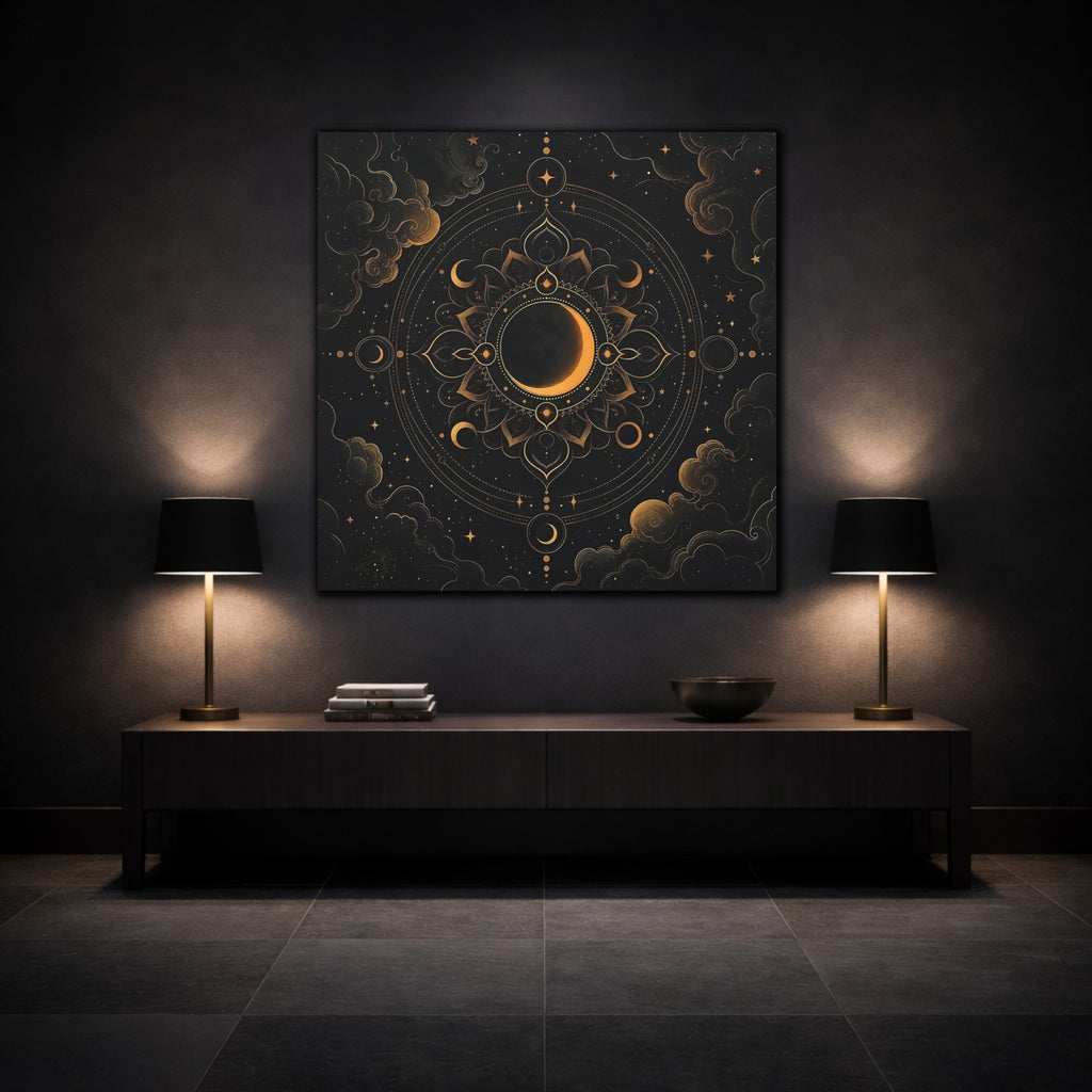 Mockup 3. Nature Crescent Moon Black And Gold shown as stretched canvas wall art