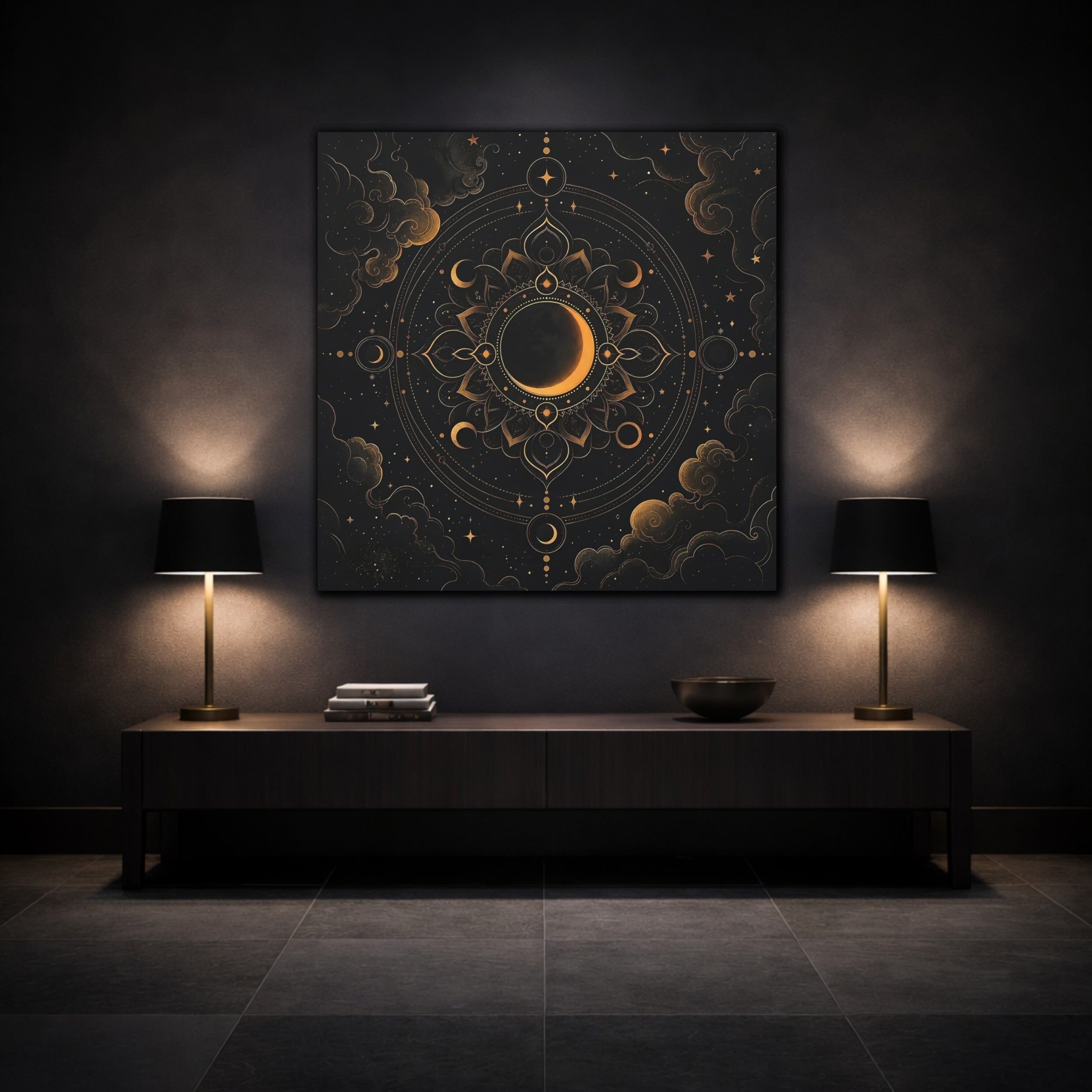 Mockup 3. Nature Crescent Moon Black And Gold shown as stretched canvas wall art