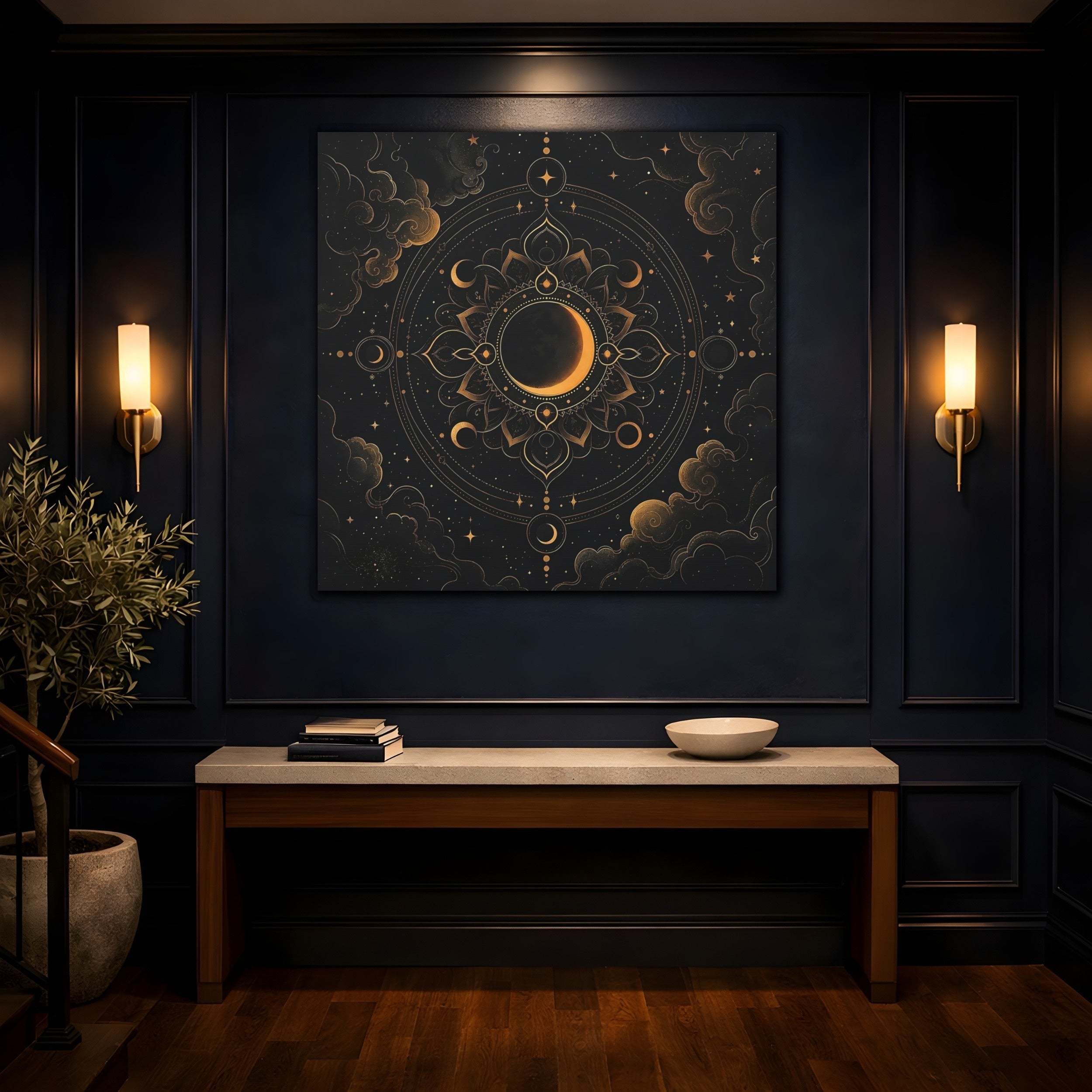 Mockup 4. Nature Crescent Moon Black And Gold shown as stretched canvas wall art