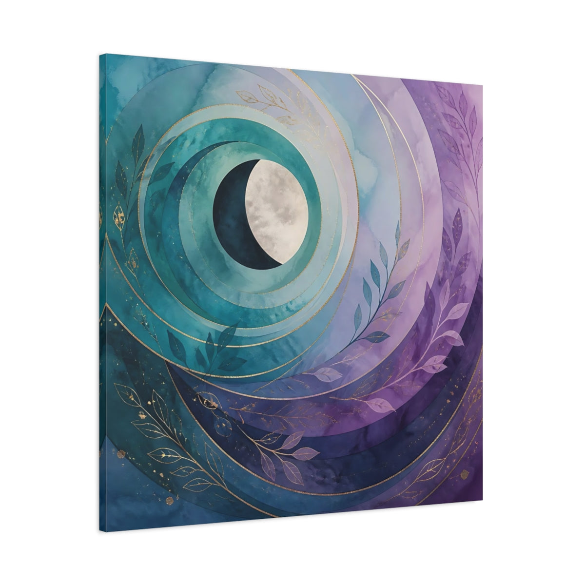 Side Mockup 1. Nature Crescent Moon Teal Purple Moon shown as stretched canvas wall art