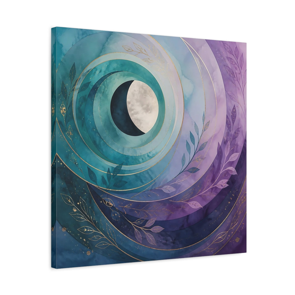Side Mockup 4. Nature Crescent Moon Teal Purple Moon shown as stretched canvas wall art