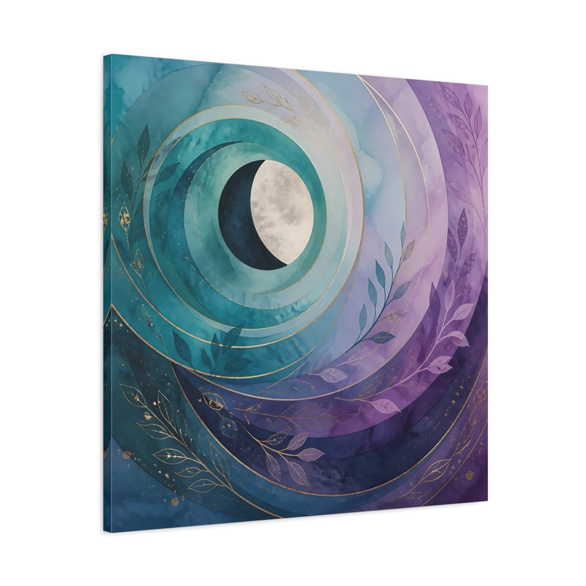 Side Mockup 3. Nature Crescent Moon Teal Purple Moon shown as stretched canvas wall art