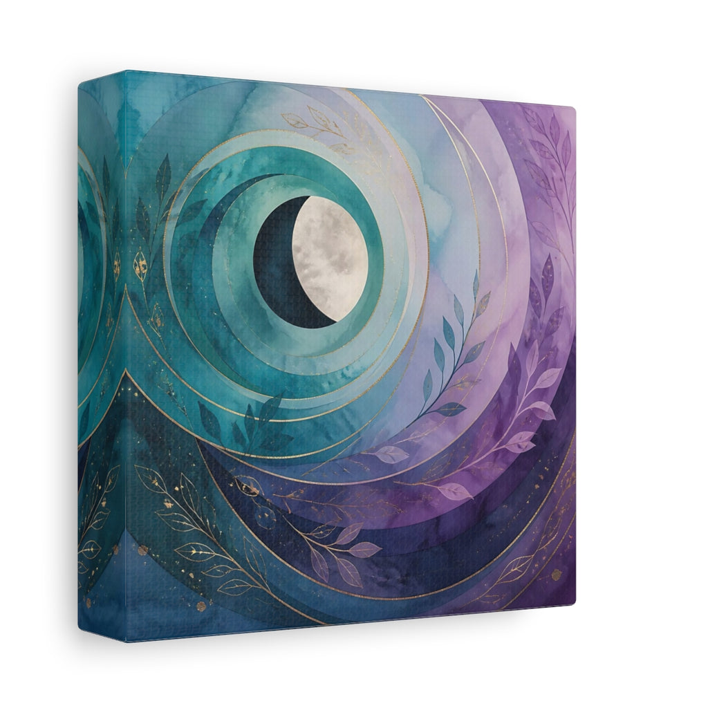 Side Mockup 2. Nature Crescent Moon Teal Purple Moon shown as stretched canvas wall art