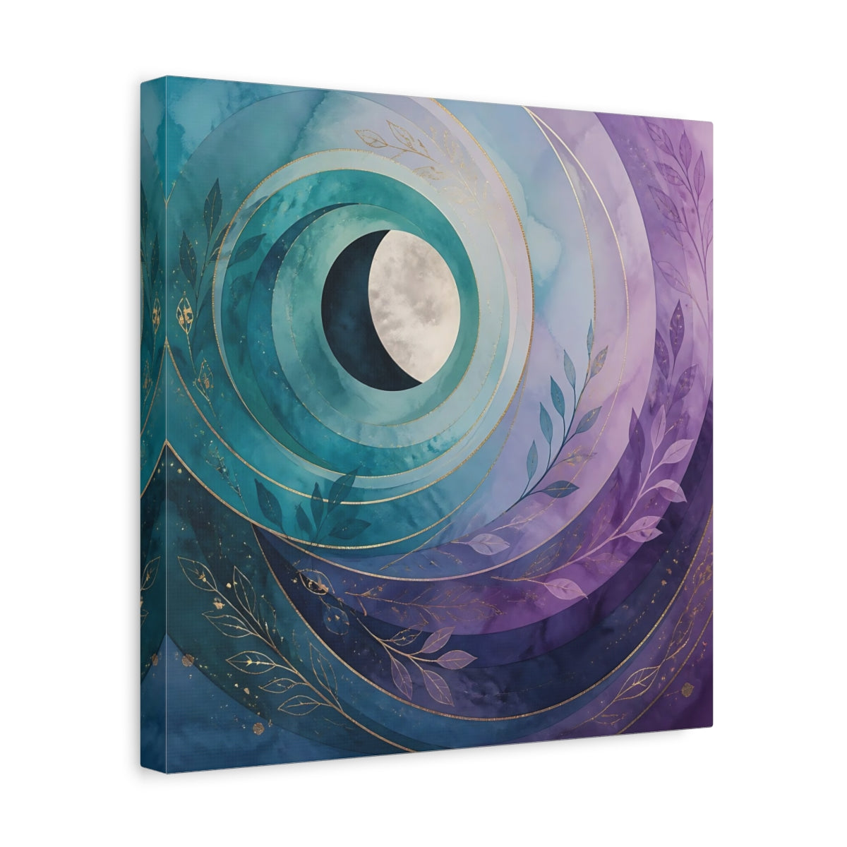 Side Mockup 7. Nature Crescent Moon Teal Purple Moon shown as stretched canvas wall art