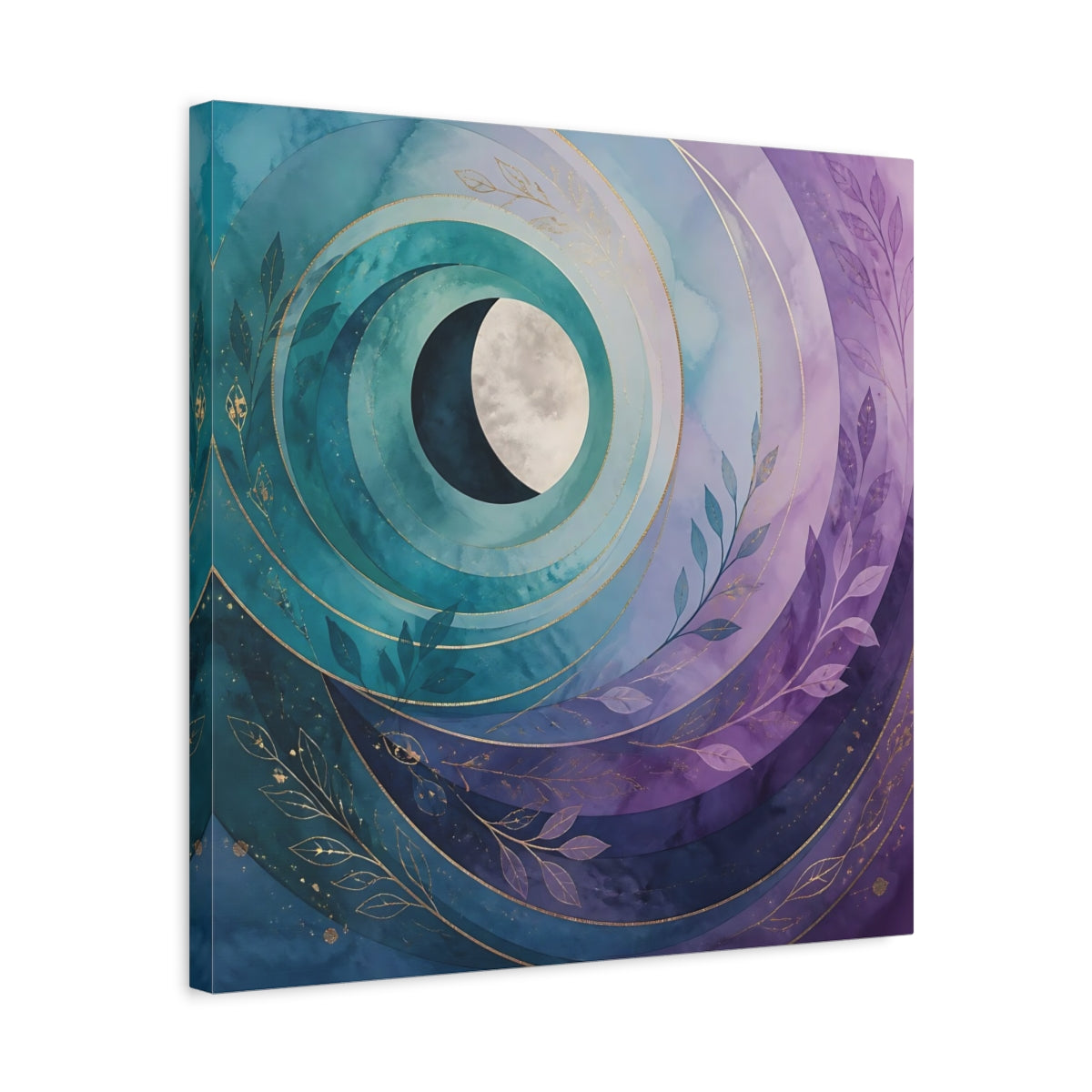 Side Mockup 5. Nature Crescent Moon Teal Purple Moon shown as stretched canvas wall art