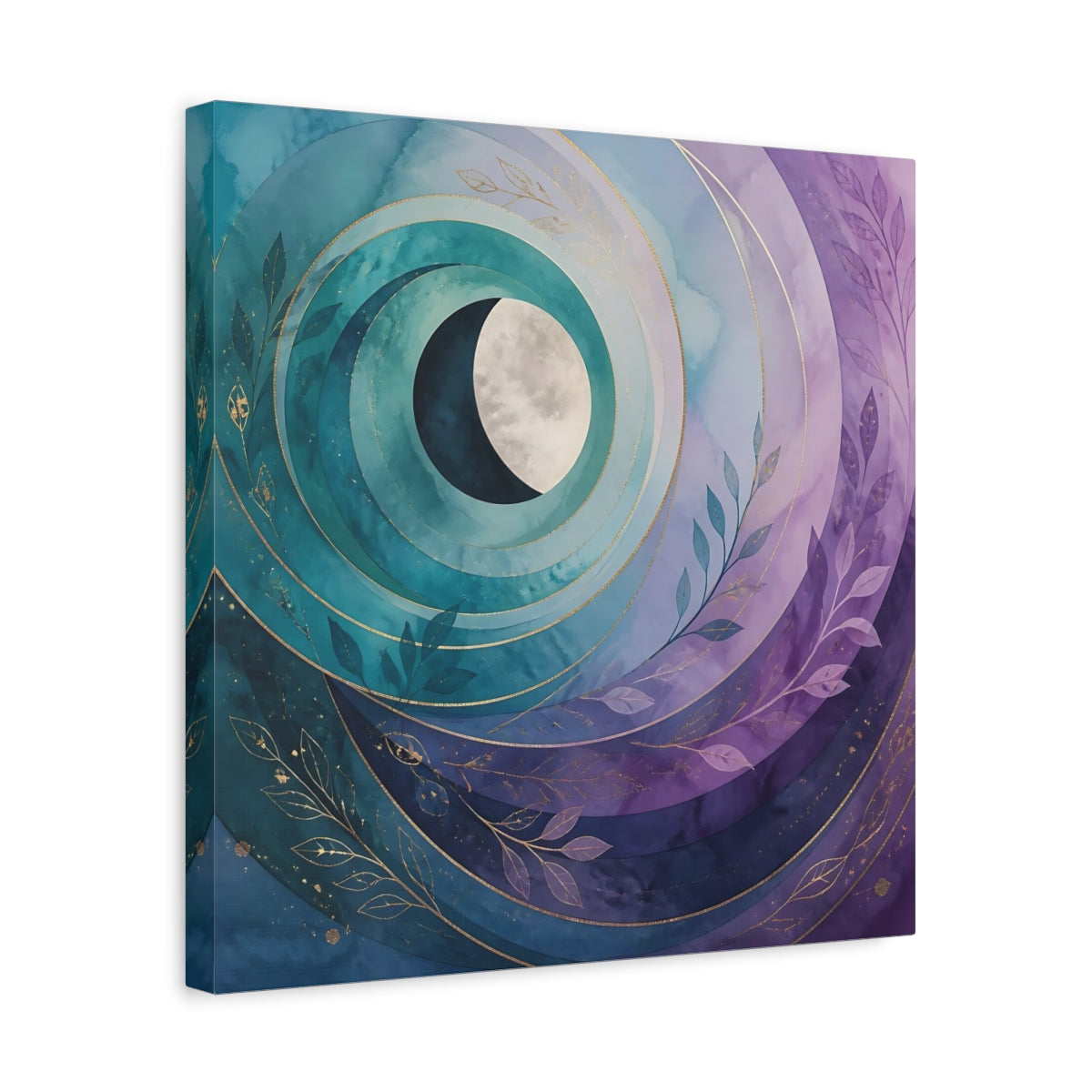 Side Mockup 6. Nature Crescent Moon Teal Purple Moon shown as stretched canvas wall art