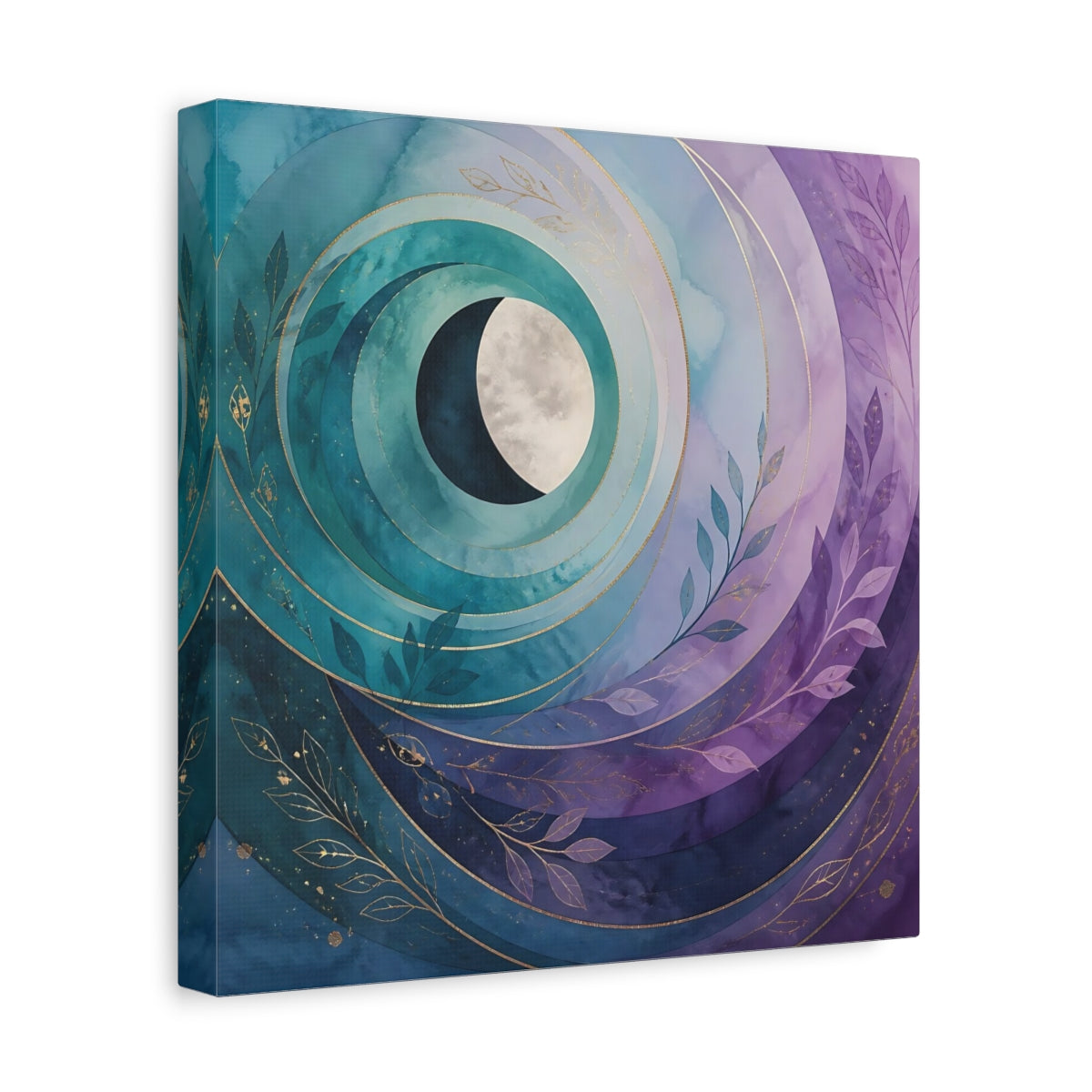 Side Mockup 8. Nature Crescent Moon Teal Purple Moon shown as stretched canvas wall art