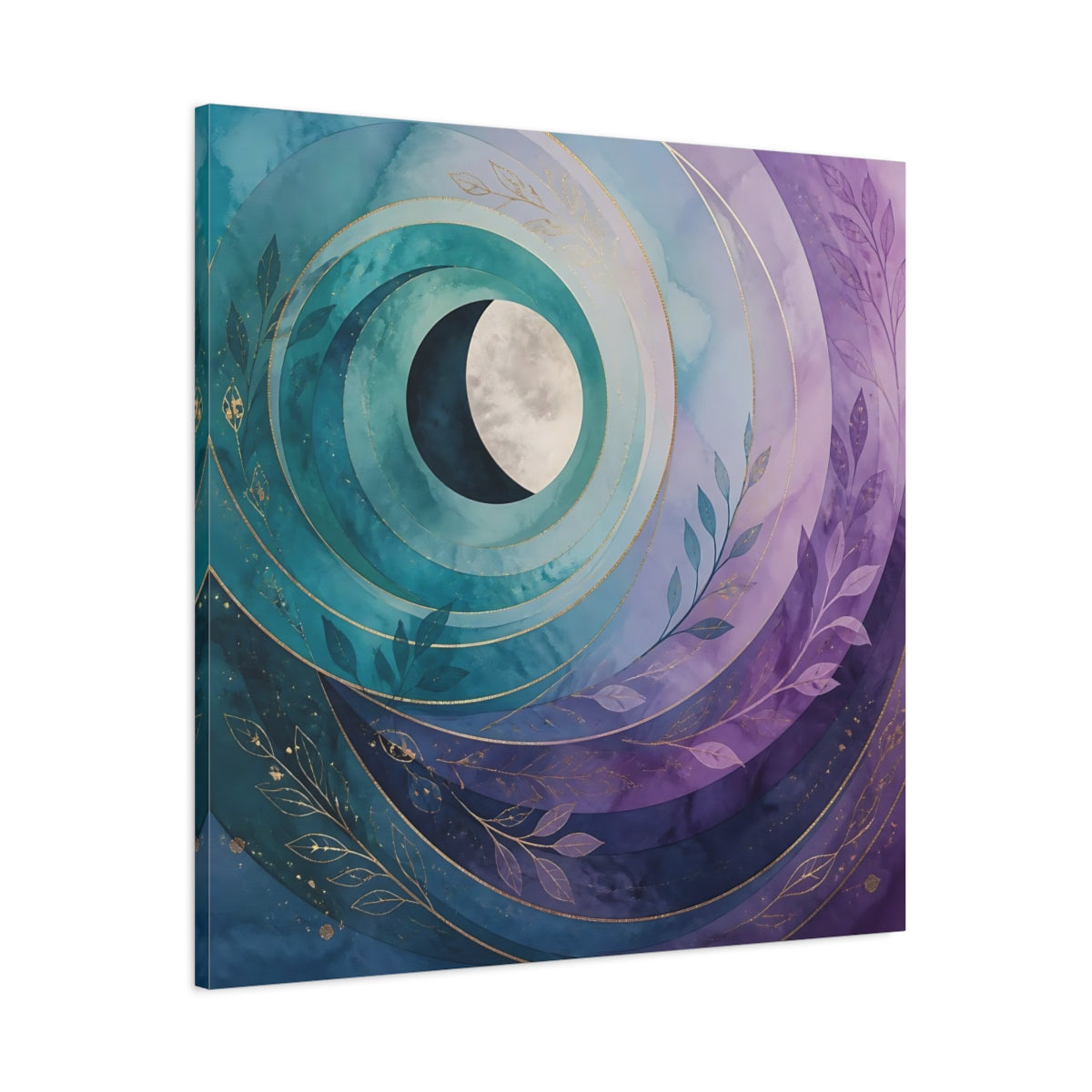 Main Mockup. Nature Crescent Moon Teal Purple Moon shown as stretched canvas wall art