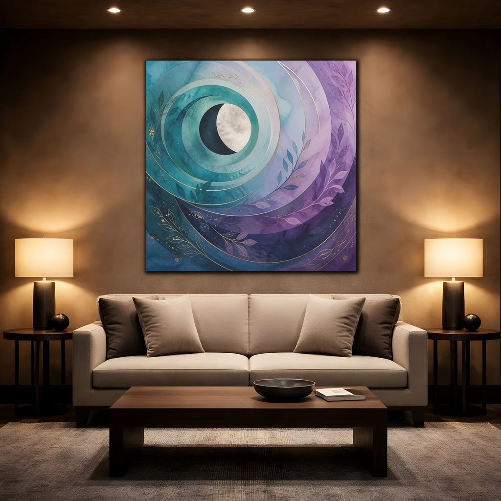Mockup 2. Nature Crescent Moon Teal Purple Moon shown as stretched canvas wall art