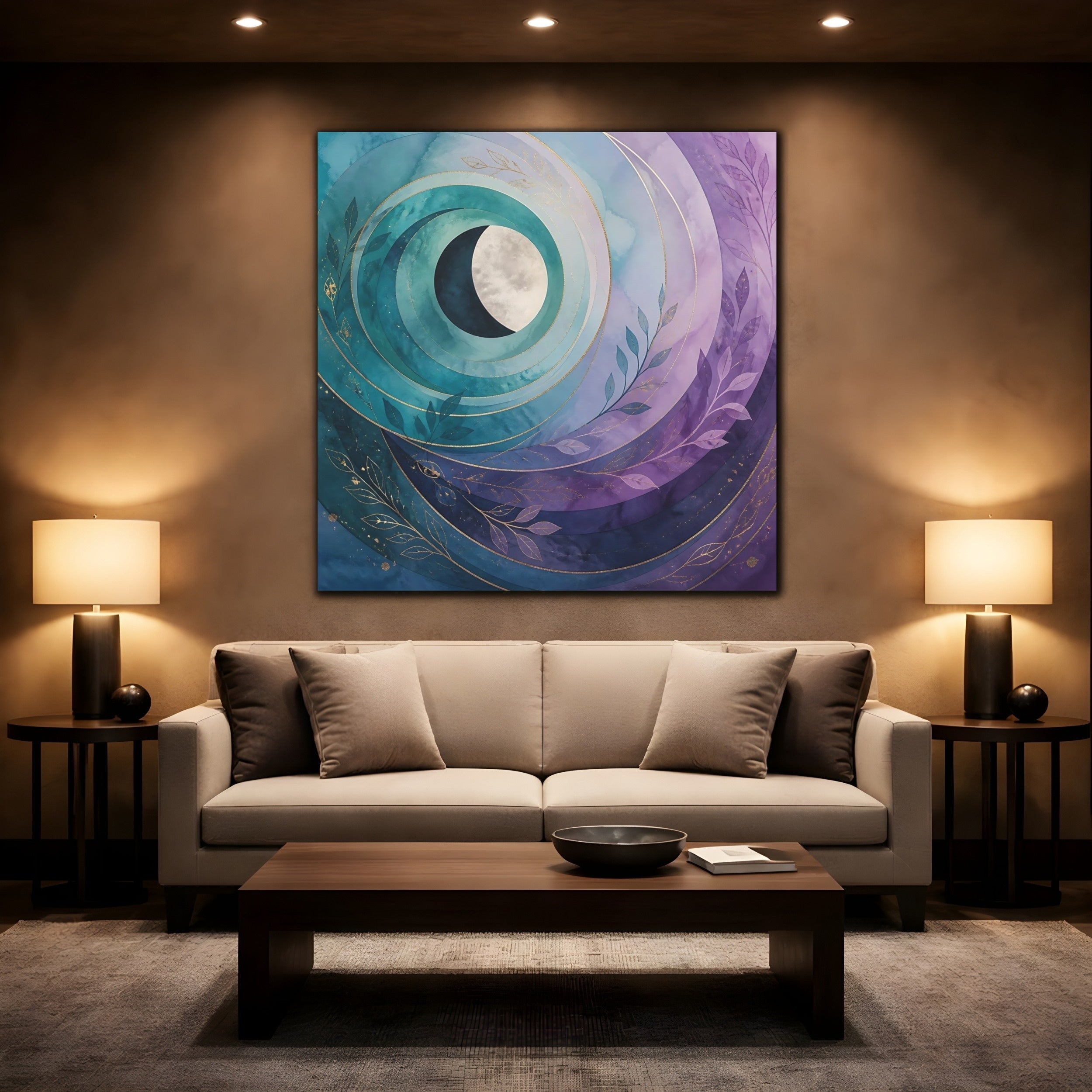Mockup 2. Nature Crescent Moon Teal Purple Moon shown as stretched canvas wall art