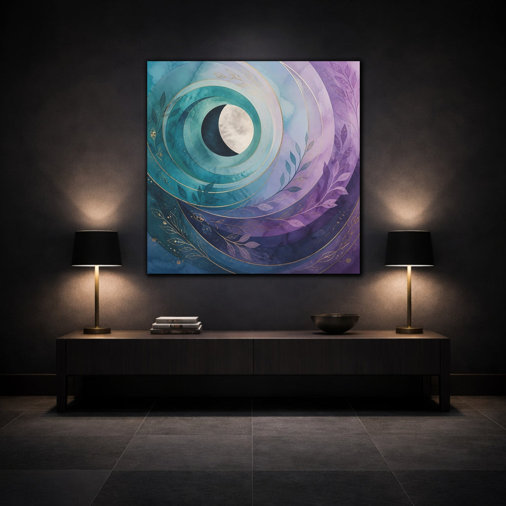 Mockup 3. Nature Crescent Moon Teal Purple Moon shown as stretched canvas wall art
