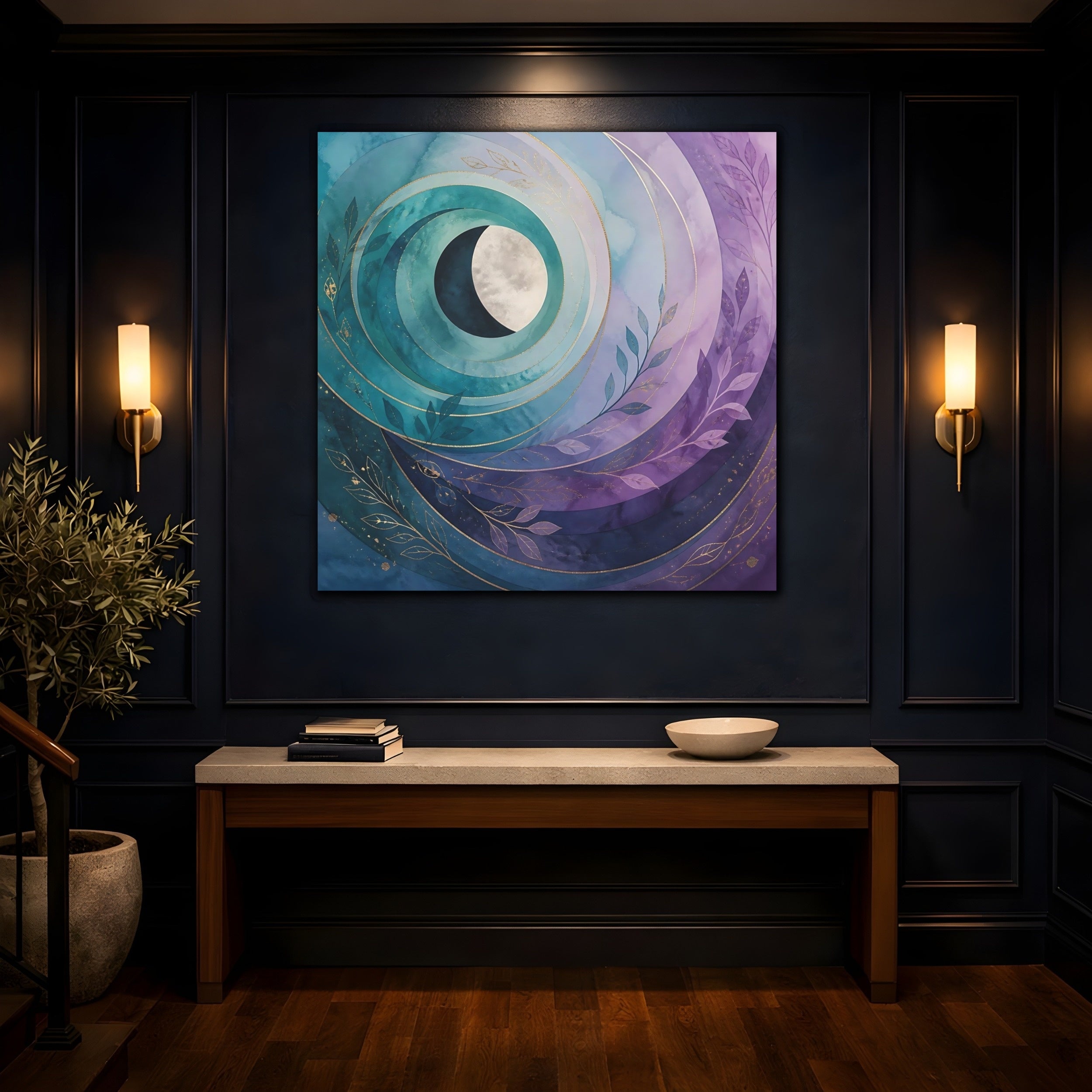 Mockup 4. Nature Crescent Moon Teal Purple Moon shown as stretched canvas wall art