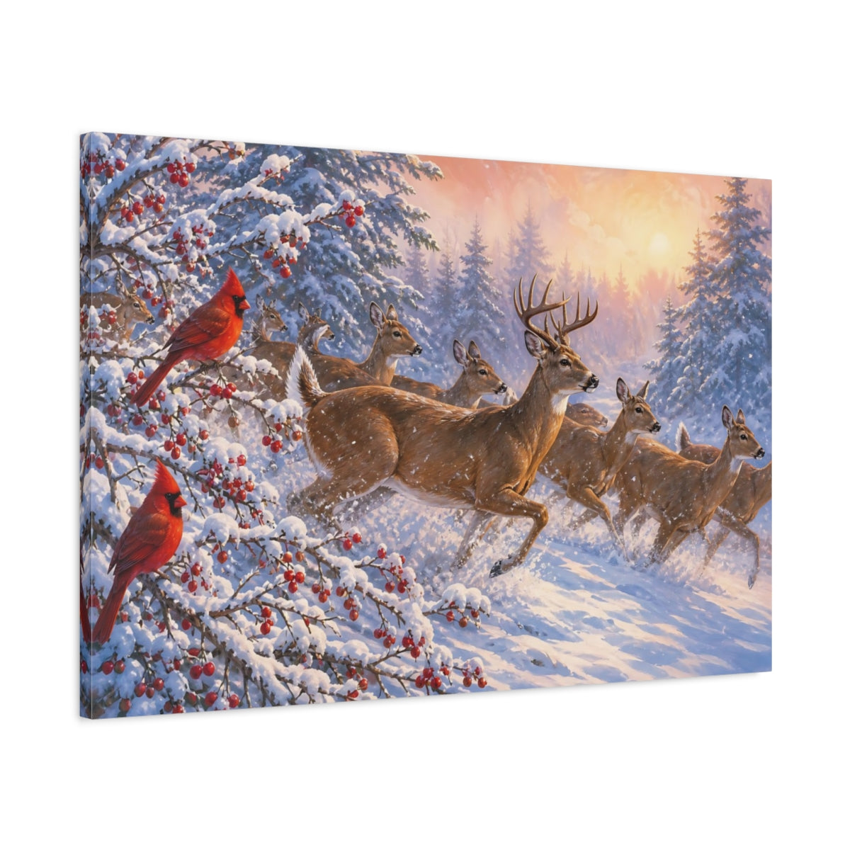 Main Mockup. Nature Deer And Cardinals Winter Wildlife shown as stretched canvas wall art