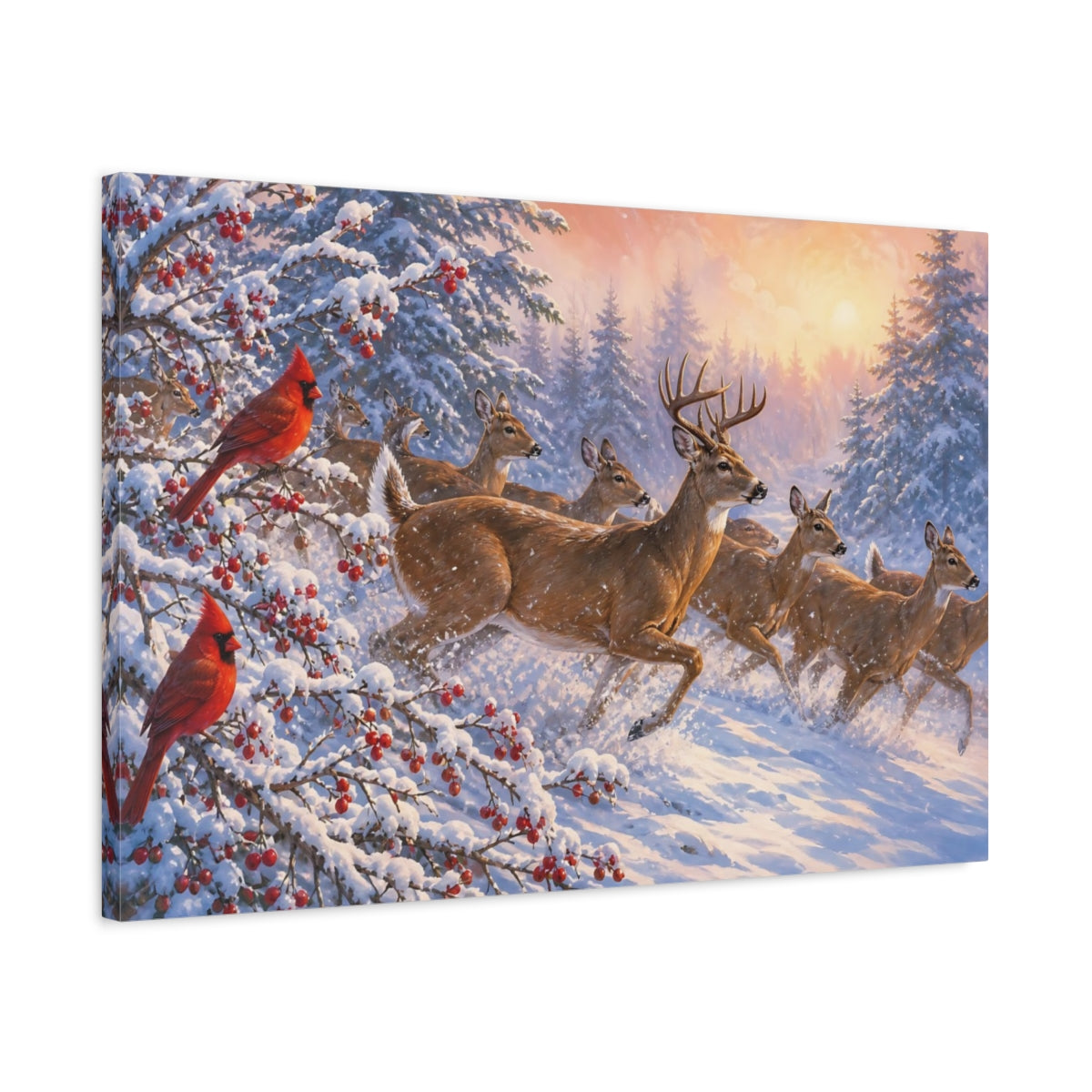 Side Mockup 2. Nature Deer And Cardinals Winter Wildlife shown as stretched canvas wall art