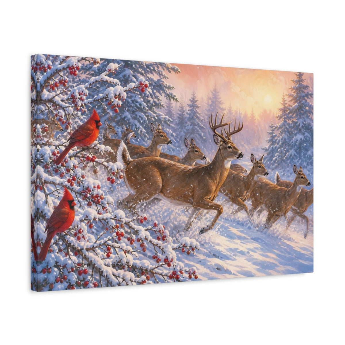 Side Mockup 3. Nature Deer And Cardinals Winter Wildlife shown as stretched canvas wall art