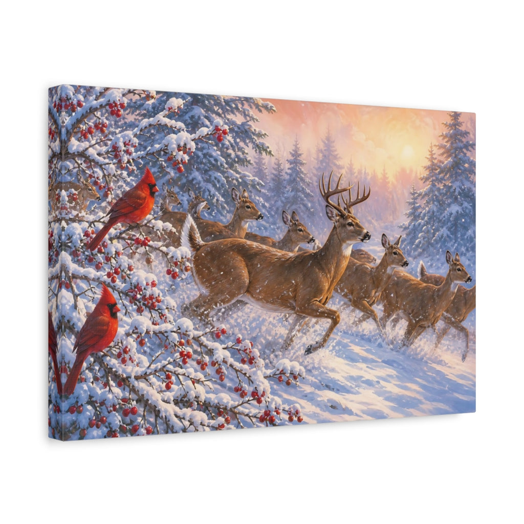 Side Mockup 4. Nature Deer And Cardinals Winter Wildlife shown as stretched canvas wall art