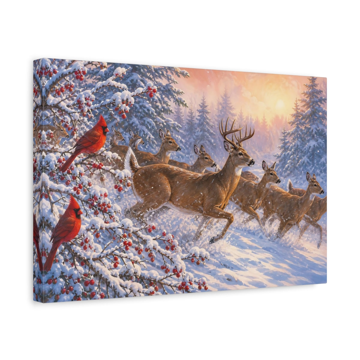 Side Mockup 4. Nature Deer And Cardinals Winter Wildlife shown as stretched canvas wall art