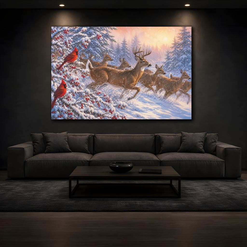 Mockup 3. Nature Deer And Cardinals Winter Wildlife shown as stretched canvas wall art