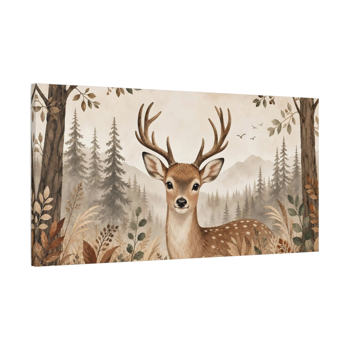 Main Mockup. Nature Deer Brown And Neutral shown as stretched canvas wall art