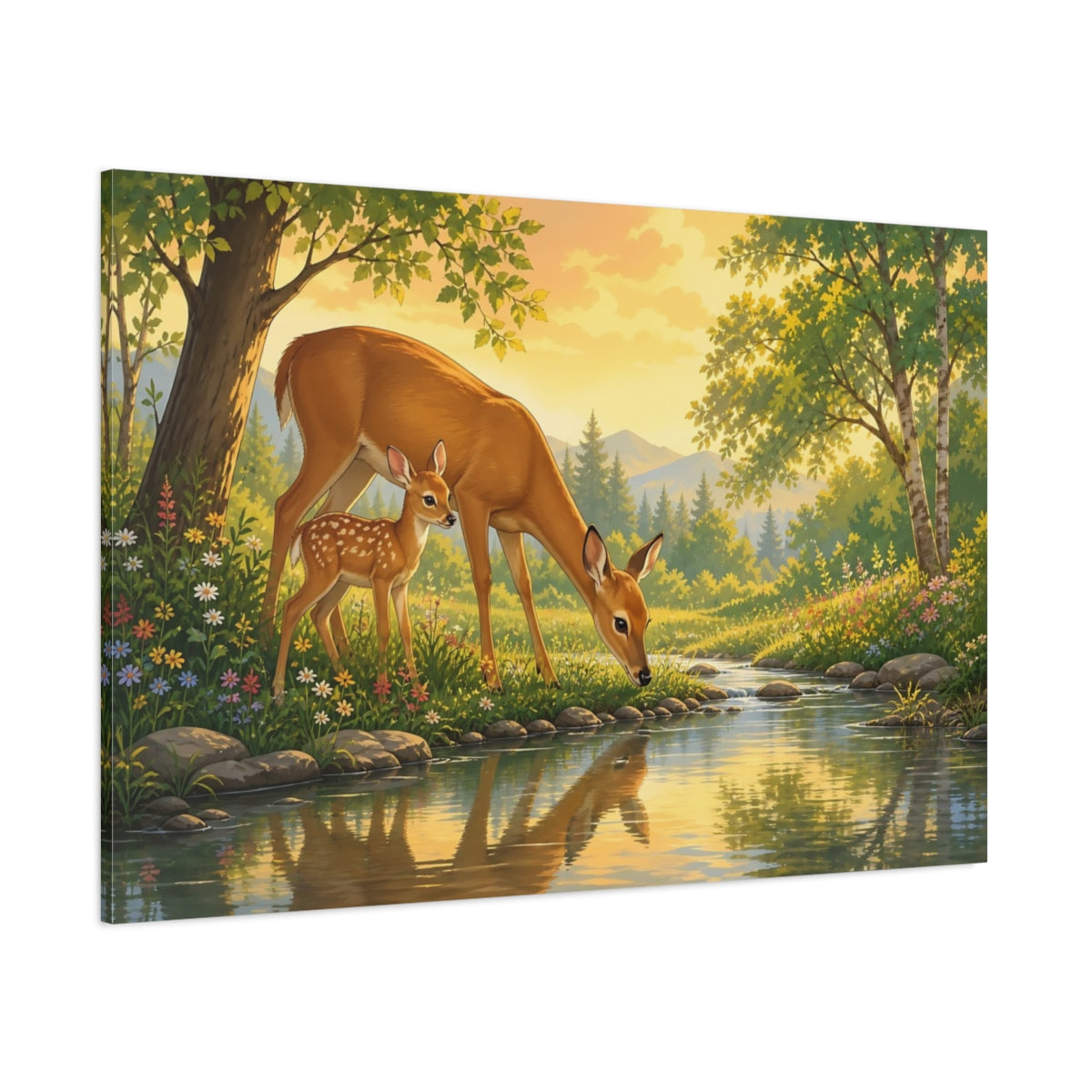 Side Mockup 1. Nature Deer Family Golden Forest Deer shown as canvas print